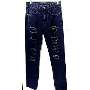 Black Distressed Jeans Womens Sz 28 Straight leg High Rise Destroyed Grunge